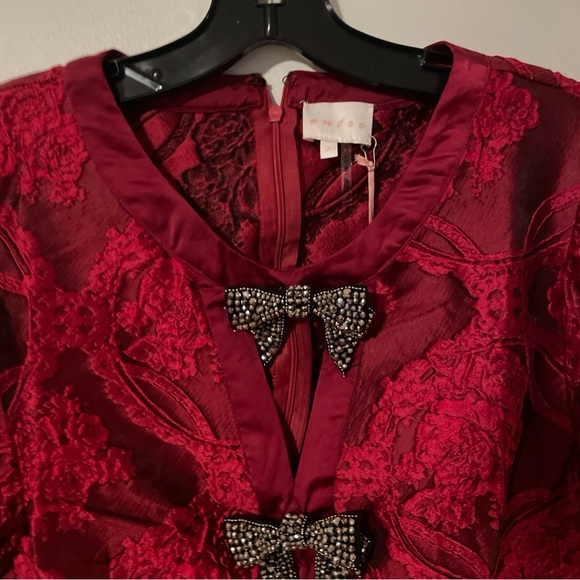 Entro USA Red Jacquard Bow Embellisment Short Dress Puff Sleeve Large valentines - Picture 5 of 6